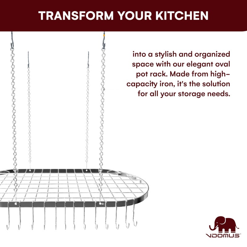 Vdomus Hanging Pot Rack - Ceiling Mount Kitchen Organizer for Pots and Pans with 15 Hooks - 33 x 17 Inches Heavy-Duty, Durable and Space-Saving Pan Holder - Silver - Image 4
